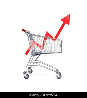 Shopping cart isolated on white background with a red upward arrow graph symbolizing rising grocery prices, inflation, and increasing supermarket cost Stock Photo