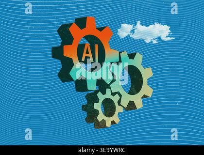 3D perspective illustration of dark blue and red gears with an AI label and a small cloud, representing artificial intelligence, cloud computing, and Stock Photo