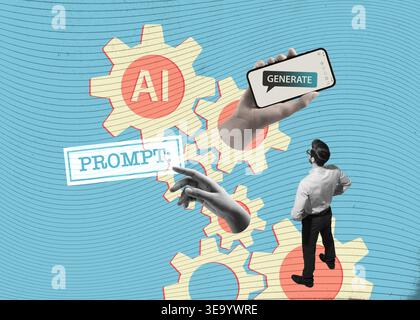 Artificial intelligence prompt concept with businessman, smartphone showing generate message, and AI gears on blue textured background, symbolizing au Stock Photo