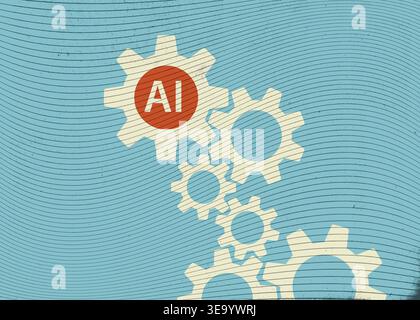 Retro style graphic of interlocking white gears with a red AI icon, symbolizing machine learning and artificial intelligence integration on a blue tex Stock Photo