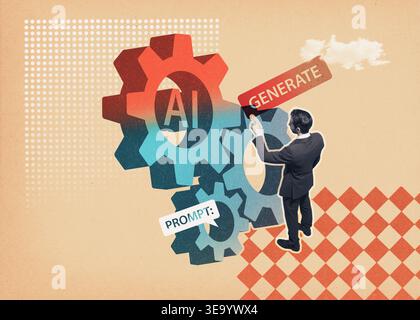 Modern business collage of a businessman in a suit interacting with large AI gears and selecting a "GENERATE" command. Creative concept for artificial Stock Photo