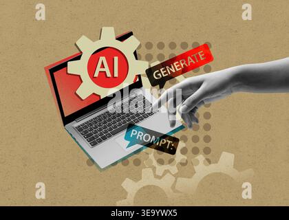 Artificial intelligence prompt concept with laptop, AI gear icon and generate message, hand interacting with keyboard on textured beige background sym Stock Photo
