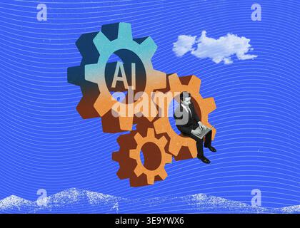 Businessman with laptop sitting on AI gears in retro collage style illustration, symbolizing artificial intelligence, automation, prompt engineering a Stock Photo