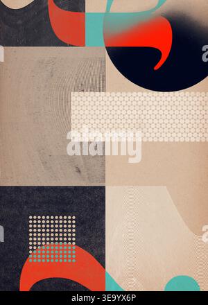 Abstract geometric composition with vintage paper texture, featuring wavy lines, halftone dots, and bold organic shapes in red, teal, and navy blue. M Stock Photo