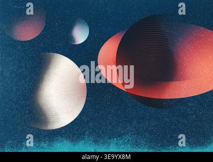 Retro futuristic space illustration with stylized planets, rings, and stars. Cosmic background with grainy texture and wavy lines in deep blue, red, a Stock Photo