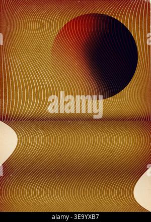 Abstract illustration featuring a dark red sun rising over flowing golden wavy lines. Vintage grainy paper texture with a mid-century modern aesthetic Stock Photo