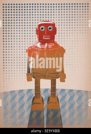 Vintage toy robot illustration on a geometric patterned floor with a large dark sun background. Retro sci-fi aesthetic with grainy paper texture and a Stock Photo
