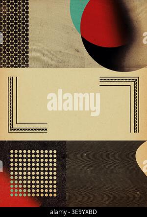 Abstract collage with geometric elements, halftone dots, and wavy lines. Features a mid-century modern aesthetic with vintage paper texture in red, te Stock Photo