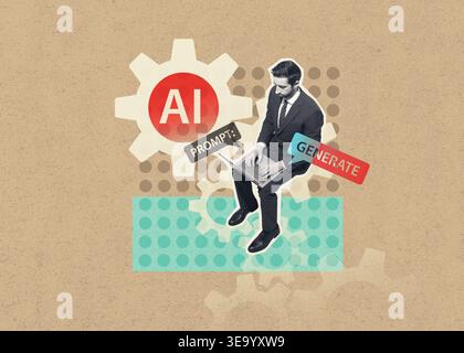 Businessman working on laptop over AI gears in retro collage composite style, representing artificial intelligence, automation, prompt engineering and Stock Photo