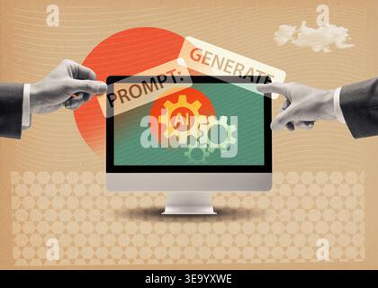 Conceptual collage of hands interacting with a computer monitor using AI prompts and generate commands to create digital content, symbolizing machine Stock Photo