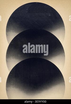 Minimalist abstract composition featuring three overlapping circular shapes with fine wavy lines and gradients. Vintage grainy paper texture in a mono Stock Photo