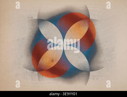 Abstract art composition with overlapping circular shapes forming a floral pattern over wavy horizontal lines. Vintage paper texture with a color pale Stock Photo