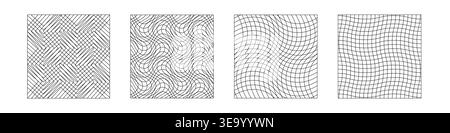 Checkered grid set. Distorted line meshes. Abstract deformed warp Stock Vector