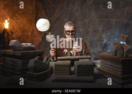 Frustrated office worker caveman sitting at his desk and hand carving inscriptions on stone tablets using a hammer and a chisel Stock Photo
