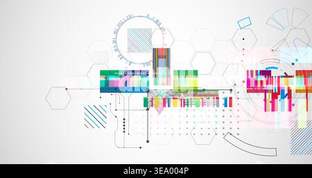 Abstract colorful background with different tech elements and lines. Color chaos. Vector illustration. Stock Vector