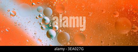 Colorful oil bubbles and water drops on a vibrant orange-to-blue gradient surface, macro abstract fluid texture and movement. Thailand photography, no Stock Photo