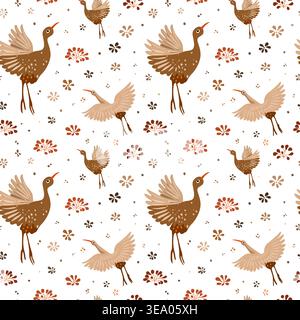 Hand drawn different plants and flowers, cute birds on white background Stock Vector