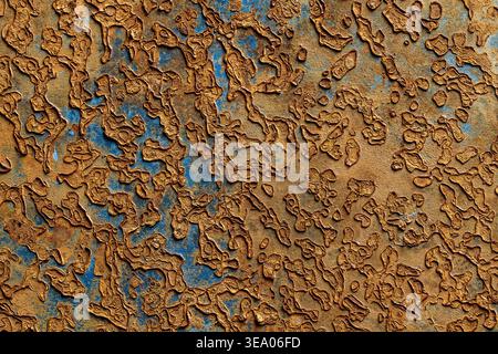 Rusty metal texture with peeling paint. Abstract close up of corroded metal surface with peeling paint and rough rust patterns. Industrial grunge text Stock Photo