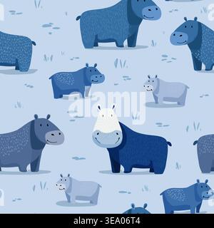 Vector blue color seamless pattern with cute hippos on blue field background Stock Vector