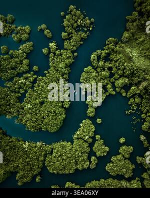 Aerial view of lush green islands contrasting with the tranquil blue waters, creating a mesmerizing natural maze, Krabi, Thailand. Stock Photo