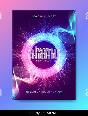 Music Poster For Electronic Festival With Fractal Dotted Lines And Waves. Party Flyer Cover Design Concept Of Electro Music Fest. Vector Illustration Stock Vector
