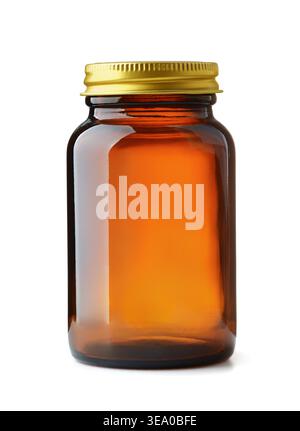 Front view of empty amber medical glass jar isolated on white Stock Photo