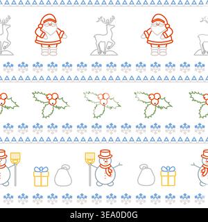 Christmas pattern with santa, reindeer, snowmen, and holly elements on white background vector Stock Vector