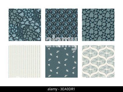 Seamless patterns with leaves and flower bed in a dark blue garden. Ogee and harlequin plant motifs in green as a vector surface set for wallpaper. Bo Stock Vector