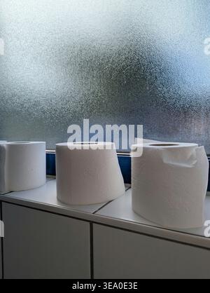 Toilet Paper Rolls On Windowsill, Minimalist Bathroom Scene With Frosted Glass And Soft Daylight, Lineup Of White Tissue Rolls On Cabinet, Homeowner R Stock Photo