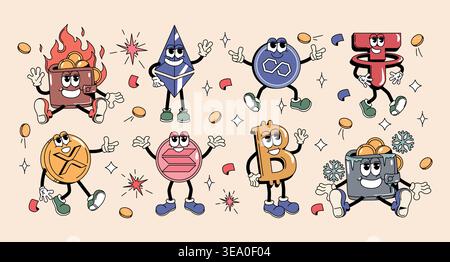 Cartoon retro groovy y2k money characters. Sticker set of wallet, bitcoin, ethereum, tether, gold ripple xrp coin, polygon matic and solana cryptocurrency symbols with funky face. Business investment Stock Vector
