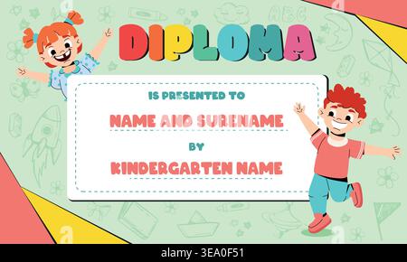 Colorful school diploma template for kids and children in kindergarten, preschool or primary classes with hand drawn doodle line art elements, funny cartoon boy girl, child toys and alphabet scribbles Stock Vector