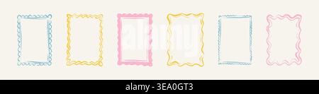 Scallop crayon doodle hand drawn rectangle frame set. Serrated zigzag border. Cute girly postage stamp. Whimsical kid pencil text box, photo frame, co Stock Vector