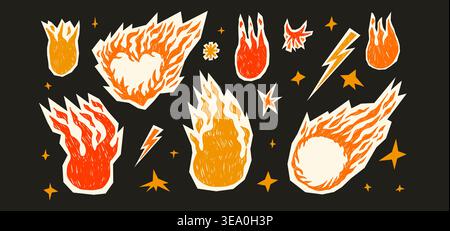 Fire flame paper cutouts doodles, heart and circle text box in crayon. Hand-drawn bonfire with grunge textures. Funky promo stickers. Vector rock flam Stock Vector