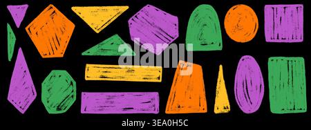 Colorful crayon shapes on black with brush and grunge texture. Bold crayon sticker collection in purple, orange and green with frame. Handmade vector Stock Vector
