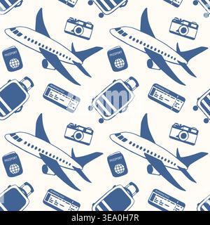 Seamless travel pattern with airplane, luggage, camera, and ticket. Journey, summer, vacation and adventure concept. Vector illustration for fabric in Stock Vector