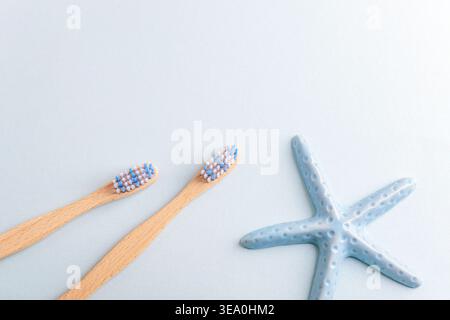 Bamboo toothbrushes with starfish on light blue background, minimal bathroom composition. Top view, flat lay, copy space Stock Photo