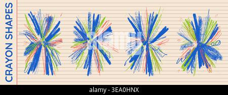 Firework kid and childish crayon pencil on paper. Hand drawn circle and pastel starburst and firework kid doodle. Trendy vector graphic elements for d Stock Vector