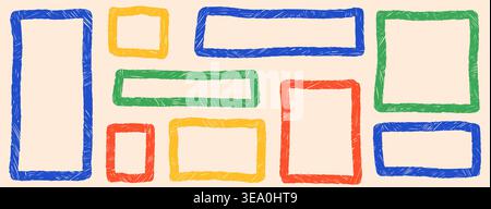 Photo frame with rectangle crayon kid text box square shapes. Diagonal hatched photo frame and border on beige with kindergarten chalk pencil vibe. Ve Stock Vector