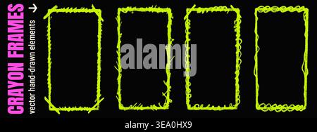 Crayon frame with brush scratch and neon rectangle hand drawn text box. Grunge crayon border with chalk pencil rough shape and scribble frame. Vector Stock Vector