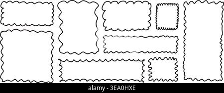 Thin rectangle frame with scallop edges. Organic text box and curvy photo frame shape. Thin wavy outline rectangle mirror border with pencil line on w Stock Vector