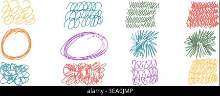 Colorful playful pen scribbles for text highlights decor. Hand-drawn scratches, squiggles, abstract doodles, naive rounds set. Vector handmade irregul Stock Vector