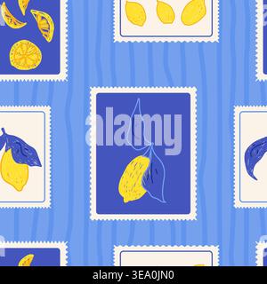 Pattern of lemon stamps on blue stripe seamless background with Italian fruit motifs. Seamless pattern with lemon slices and whole fruit in mixed post Stock Vector