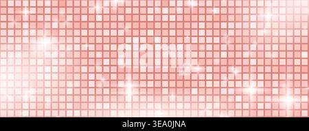 Sequin rose gold background with pink mosaic and disco ball glam glitter. Party disco mirror pattern with sparkle, white light and shiny twinkles. Vec Stock Vector
