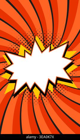 Comic starburst banner with copy space frame over vivid red and orange spiral background with halftone dots. Dynamic retro vector background for sale Stock Vector