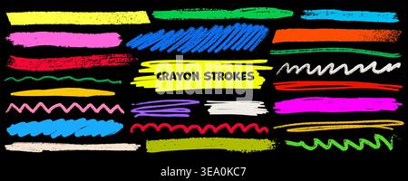 Crayon highlight strokes and scribble lines in bright red, blue, green, yellow, pink on black background with rough textured edges. Crayon highlight Stock Vector