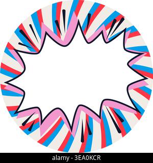 Circle sticker comic cloud with green starburst frame and radial rays in orange, pink and yellow tones. Comic sticker with bold outline and small star Stock Vector