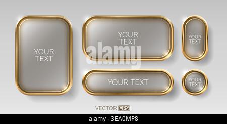 Elegant golden UI buttons and frames. A versatile vector set with glowing accents for text and design elements. Vector illustration Stock Vector