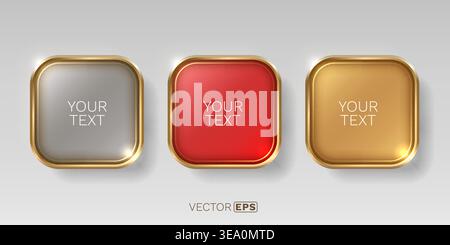 Elegant set of three glossy golden-framed buttons for text, ideal for UI and banners. Vector illustration. Stock Vector