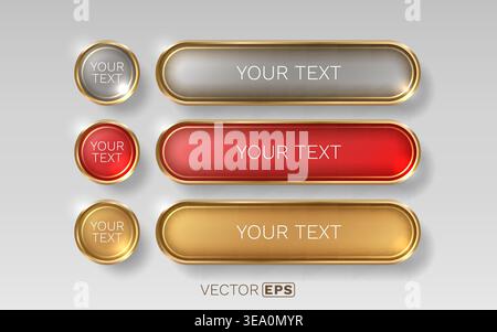 Set of premium shiny metallic buttons with golden frames, ideal for web design and user interfaces. Vector illustration. Stock Vector