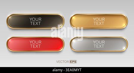 Shiny metallic web buttons with golden frames in various colors, ideal for elegant user interface design. Vector illustration. Stock Vector